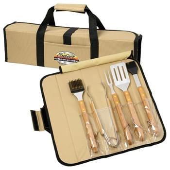5 Piece BBQ Set (Bamboo) in Roll-Up Case